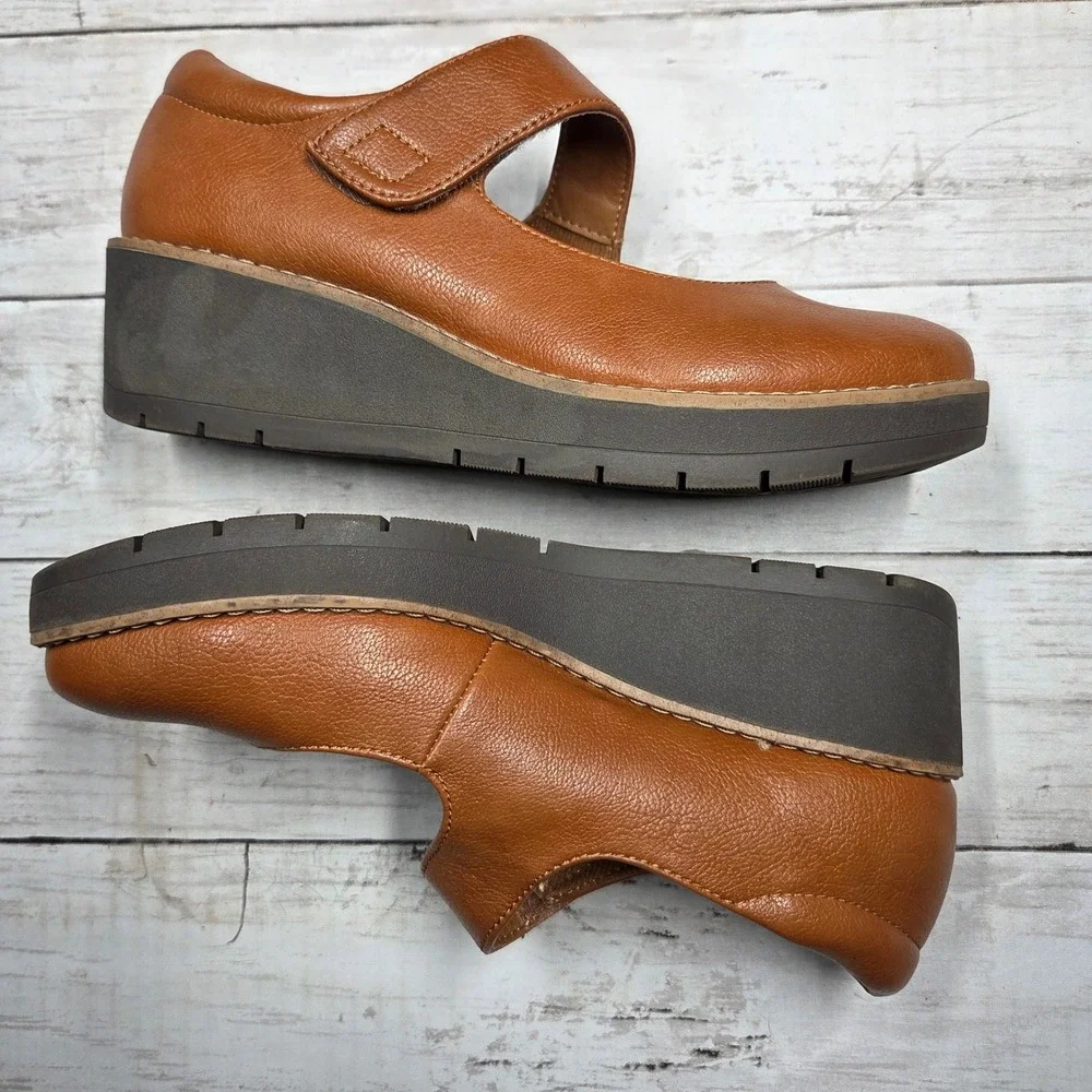 EuroSoft Franlee Mary Jane Wedge Shoe Women 7 Cognac Brown Faux Leather Platform